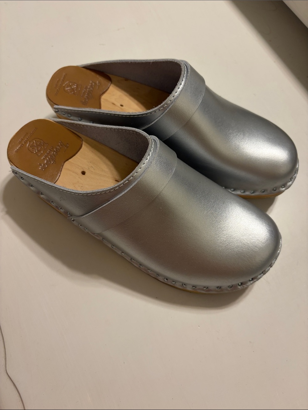 Troentorp silver wood and leather clogs
